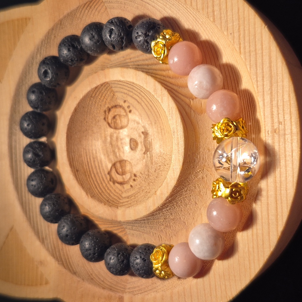 Hand crafted White Azeztulite and Pink Opal with Lava Beads